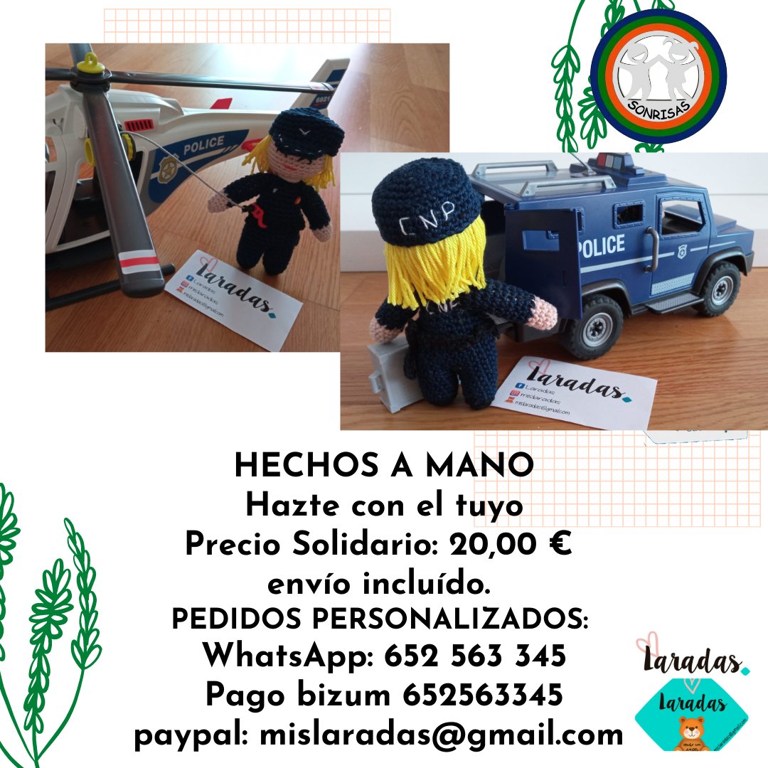 Asc_SONRISAS's tweet photo. Ya puedes hacer tu reserva ...
#MuñecosSolidarios #PolicíaNacional #GuardiaCivil #usecic
Muy pronto #PolicíaLocal #ahilodejamos.
#1niño1sonrisa
(personalizables)
Reservas: T. 649627836
sonrisasazules@gmail.com
💙💚🧡 https://t.co/4HscFuTCty