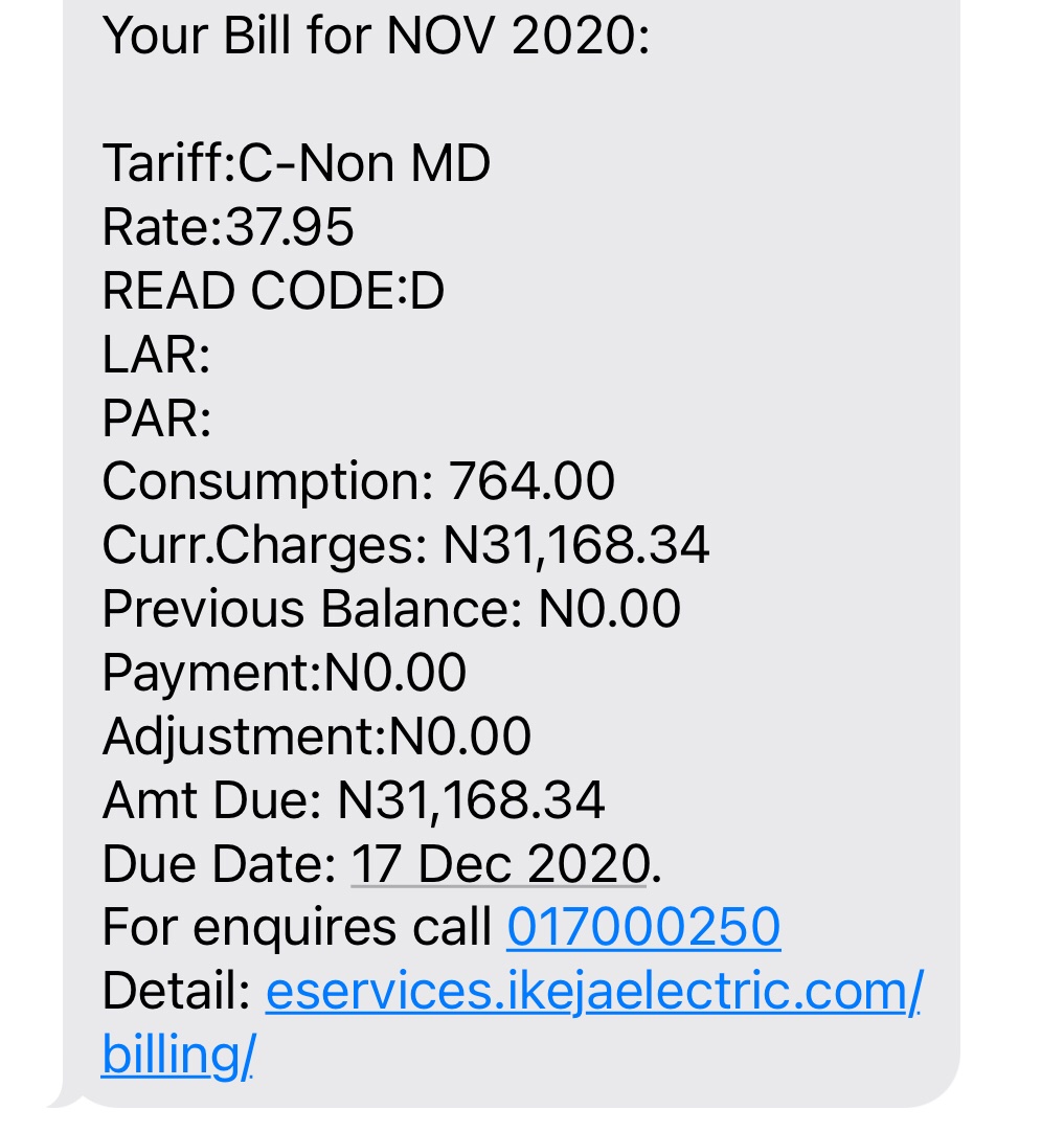 iambodeoflagos's tweet photo. Wtf 😳 my PHCN bill for the month of November 2020 = N31,168.34 who did I offend o abi na refinery I dey run for my crib ni. @Gidi_Traffic https://t.co/CFRuchKhSF