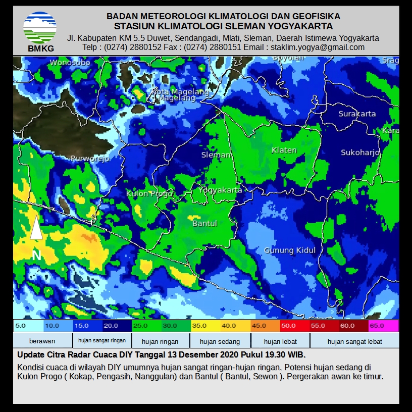 StaklimJogja's tweet photo. Update Citra Radar Cuaca DIY. Tanggal 13 Desember 2020 Pukul 19.30 WIB
#InfoCuacaJogja #BMKGDIY Cc: @SAR_NASIONAL @BNPB_Indonesia @poskopmidiy 
@StaklimJogja https://t.co/F91kdtRSjJ