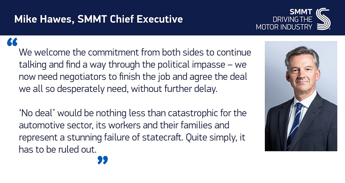 🗣️
"We welcome the commitment from both sides to continue talking and find a way through the political impasse – we now need negotiators to finish the job and agree the deal we all so desperately need"

<a href="/MikeHawesSMMT/">Mike Hawes</a> on the UK &amp; EU agreeing to carry on post-Brexit trade talks