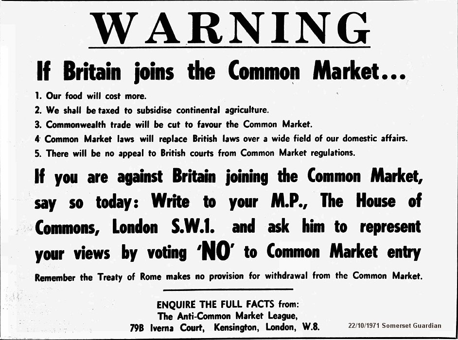 Don't be misled, throughout the 1960s right up to the Common Market Referendum in June 1975, Left and Right parties were bitterly divided over British membership of the Common Market & Political Union...