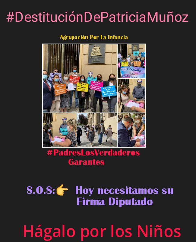 conmishijosnocl's tweet photo. Diputados con su firma podemos decir 
#DestituciónDePatriciaMuñoz no defraude a los Niños de Chile, ellos merecen una defensora de Verdad @JorgeRathgeb @andresmolinam @ifloresdiputado @gustavosanhuez @issakortg @Panchoundurraga @lcruzcoke @sekeitel @PepaHoffmann @andreslongton https://t.co/DiihsQb4Ch