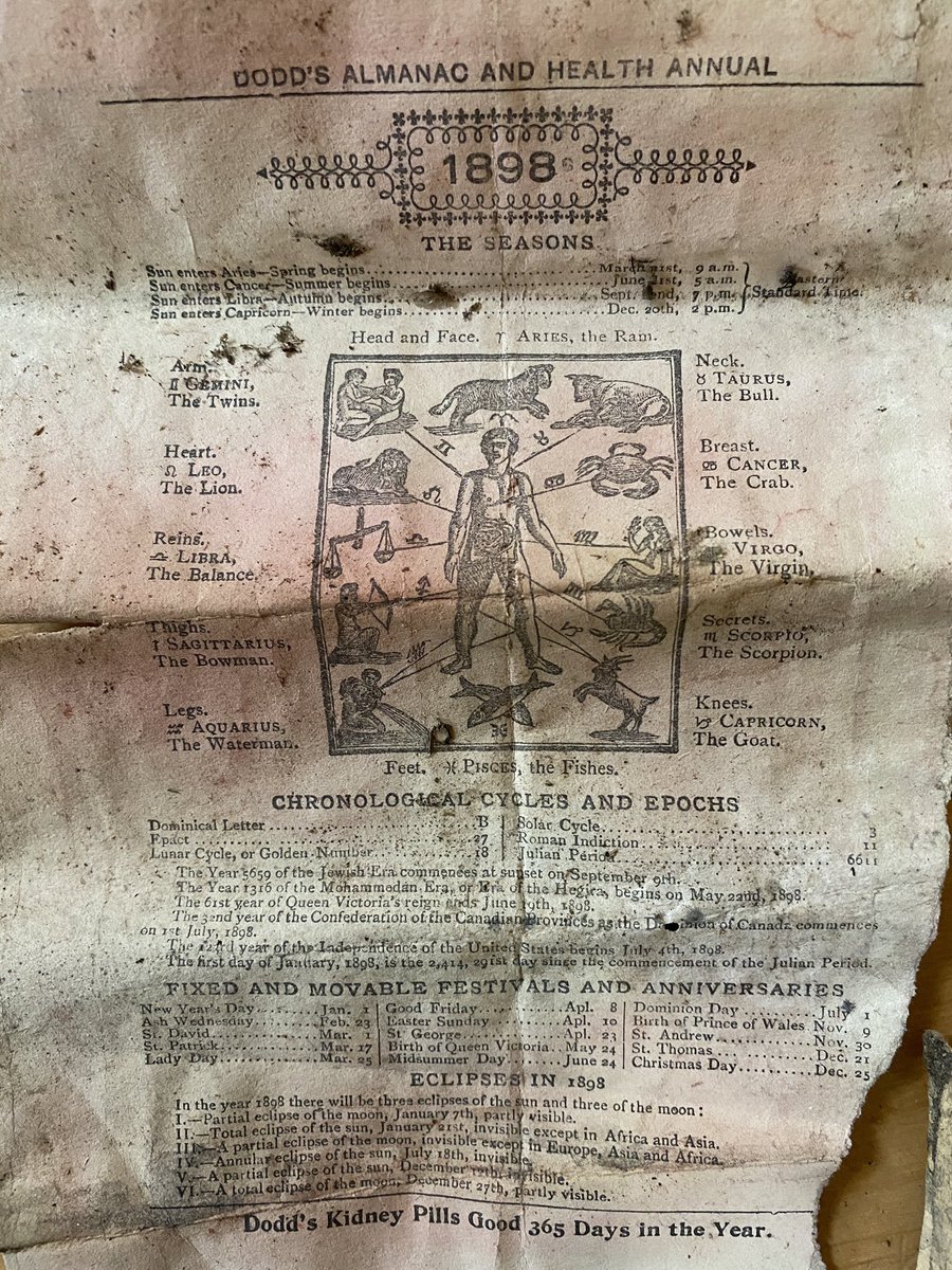 Update: we found a bundle of papers. Nothing sinister and most of them were so dry and fragile that they crumbled to dust, but this piece from an 1898 almanac is frame worthy! Astrology!