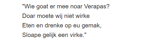 Songs praising the living conditions added to this atmosphere . ‘Wie goat er mee noar Verapas?’ (Who goes along to Verapaz?) for example sketched the image of a Garden of Eden where everyone lived in abundance and joy. 13/23