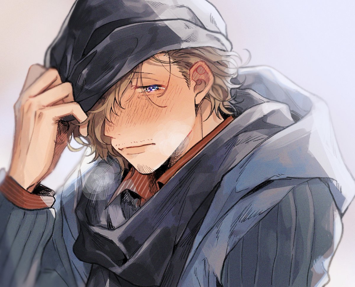1boy male focus scarf solo hat blush hair over one eye  illustration images
