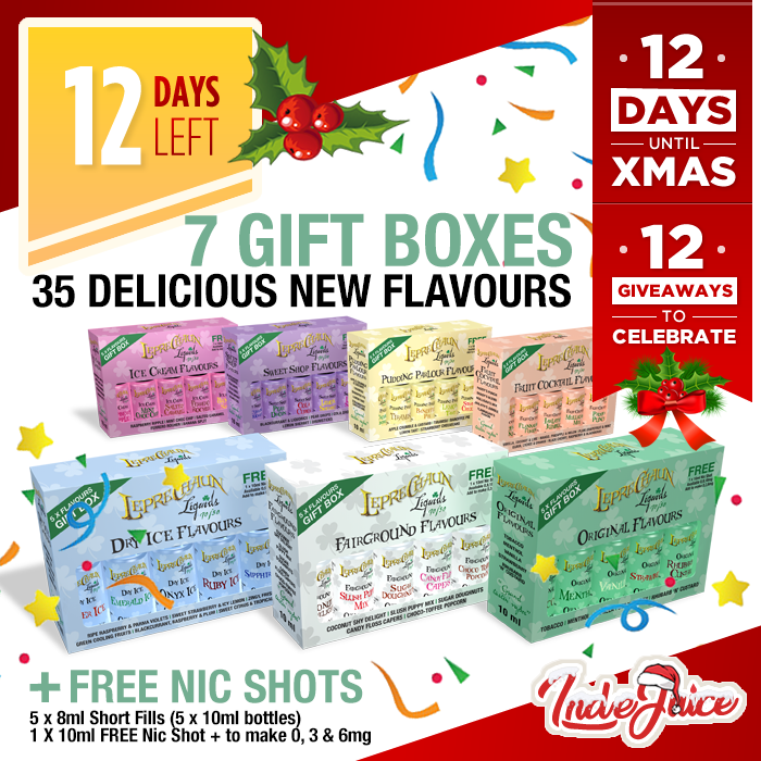 Day 1/12 XMAS Giveaways! <a href="/IndeJuice/">IndeJuice</a> <> @LeprechaunLiquids are giving EACH of the 3 lucky winners 7 x 10ml Gift Boxes from their fantastic new ranges!

To Enter: 
1. Follow <a href="/IndeJuice/">IndeJuice</a> &amp; @leprechaunliquids
2. Like this post 
3. Tag some friends/Retweet

Merry Christmas
#12DaysLeft