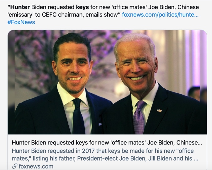 2. Fox is even reporting that Hunter made keys for Joe Biden and the Belt And Road energy company CEFC Chairman Ye and his emissary.