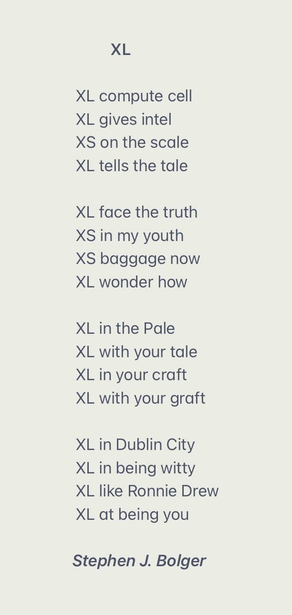 Stephen_JBolger's tweet photo. @tarryathome @deuxiemepeau @thewindingroad1 @TheresaWriter @Soundingvisual @billycraven2 @karenjmcdonnell @MaryBShannon @AnneTSheridan1 @MiseCiara Challenge certainly set by @tarryathome this week, with verses &amp; rhymes on show displaying the X factor. In the #ABCDublin #PoetryPrompt the letter X is for XL, say why pray tell. https://t.co/AlmlNh7HqM