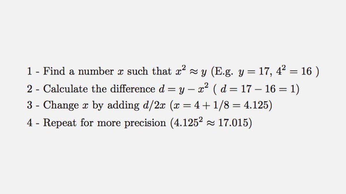 fermatslibrary's tweet photo. Here's a quick method to calculate the square root of a number (√y) by hand https://t.co/vqVqXnt3mV