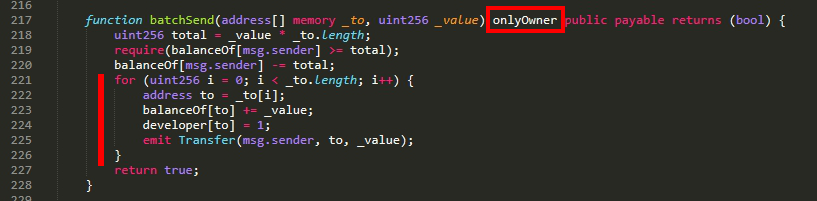 This function can only get called by the "owner" wallet, which is the developer himself. In that function you can see, that the batches of tokens gets send from the sender wallet to the "_to" wallets. AND those "_to" wallets get set as a developer wallet.
