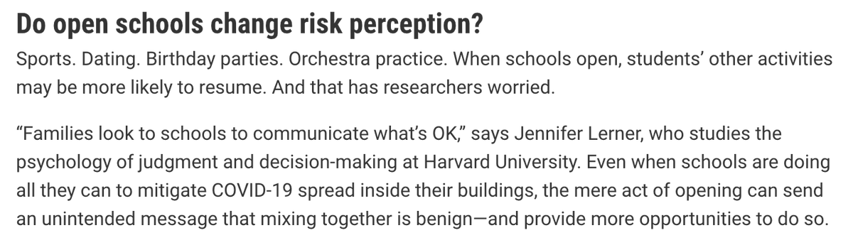 6/ & for those looking at a pretty nuanced discussion of schools & Covid, this is very useful overview of the often conflicting data & multiple considerations. for me, one of the most important points is how schools impact overall behaviors & risk judgment https://www.sciencemag.org/news/2020/11/covid-19-soars-many-communities-schools-attempt-find-ways-through-crisis