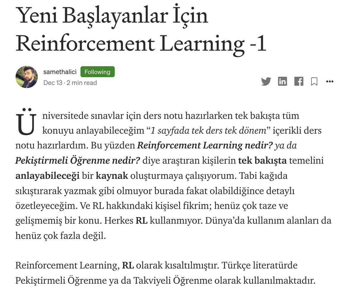 Turkiye_RL's tweet photo. Sıfırdan pekiştirmeli öğrenmek isteyenler için bir yazı dizisi  , ilk bölümünü  Samet Halıcı (@SametHalici ) kaleme aldı. 

Keyifli pazarlar &amp; okumalar. Devamı yolda… https://t.co/HrhMgEZ7V9