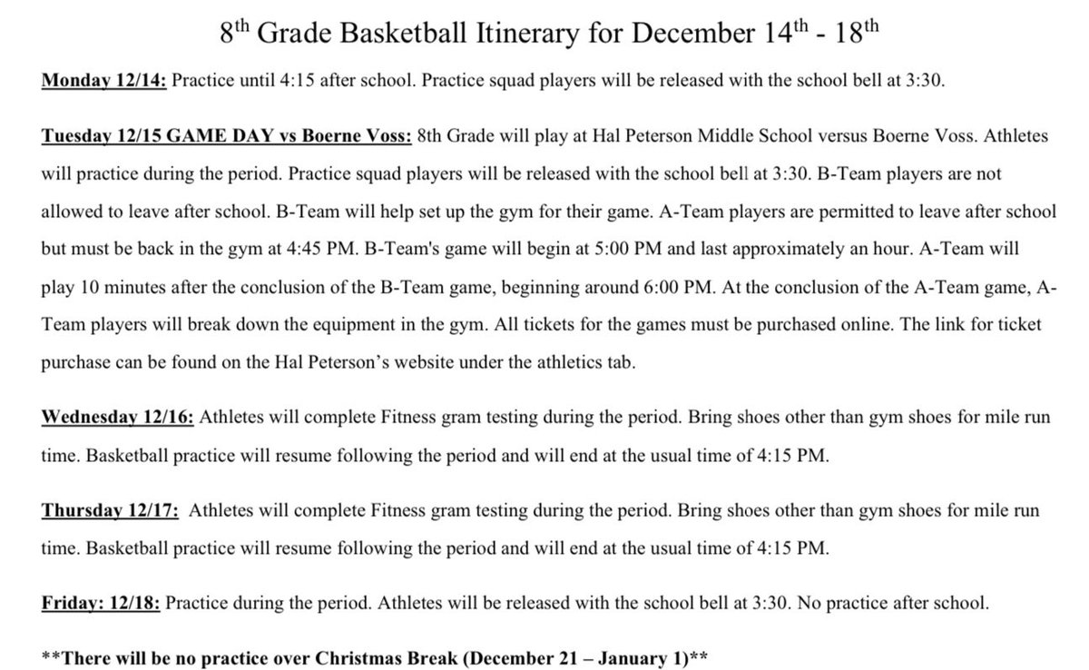 HpmsSpikes's tweet photo. Please see attached for the 8th grade basketball schedule for this week! https://t.co/6cUFLZAwgV