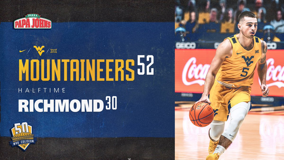 WVUhoops's tweet photo. West Virginia goes on an 18-3 run to end the first half and the Mountaineers lead 52-30 at the half over No. 19 Richmond.

#HailWV https://t.co/ouEXDjnyB7