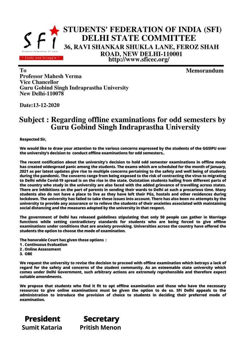 SfiDelhi's tweet photo. SFI Delhi Submitted A Memorandum To The Vice Chancellor of GGSIPU Regarding Offline Examination For Odd Semester Students!

#GGSIPU #Examination
#EducationWithoutExclusion
#StudentsLivesMatter https://t.co/U0EYhYNxEC