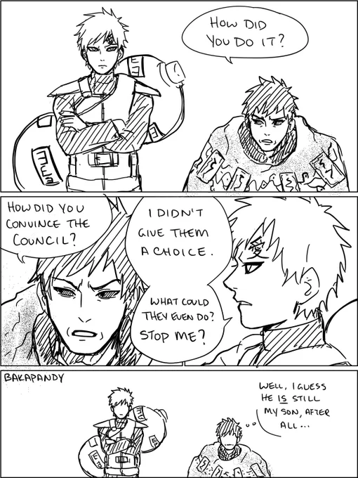 What if they kept Rasa around a little longer before sealing him and he gets asks Gaara how he became Kazekage...
based off of a convo with ⁦@BichoBolita4 