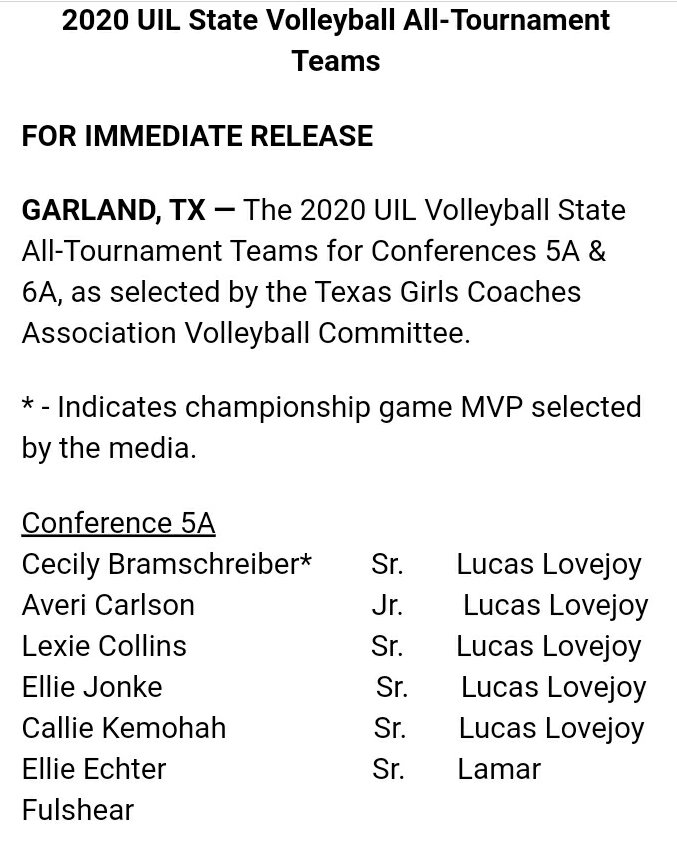 MWelchSLM's tweet photo. Lotsa @leopardvb on the @uiltexas volleyball state all-tournament teams. MVP Cecily Bramschreiber + Averi Carlson, Lexie Collins, Ellie Jonke and Callie Kemohah all selected from the back-to-back 5A champs. https://t.co/UFbUitNM9T