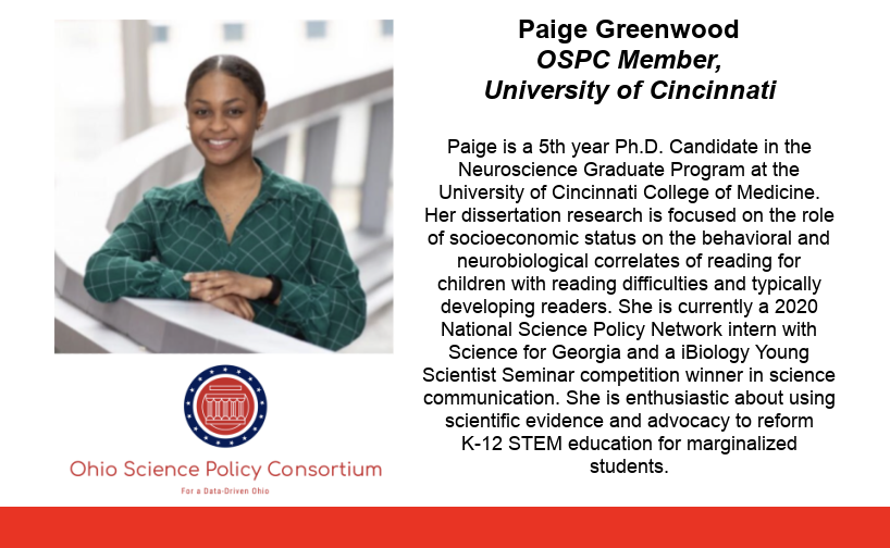 OhioSciPol's tweet photo. We are happy to introduce Paige Greenwood (@pentopaige_ ) as an OSPC member! Paige is passionate about K12 STEM education and has published multiple op-eds this year in local and national news outlets. Check out her op-ed in the @enquirer here: https://t.co/Hw3X37xRFv https://t.co/CPPK1x0nzN