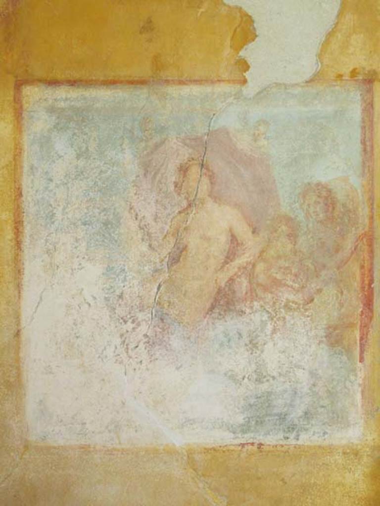 Our first stop is the southern wall of the oecus, in which Venus is depicted on a sea creature, next to cupids and other water divinities. Left, drawing by Giuseppe Marsigli in 1833. Right, conservation state in 2012.