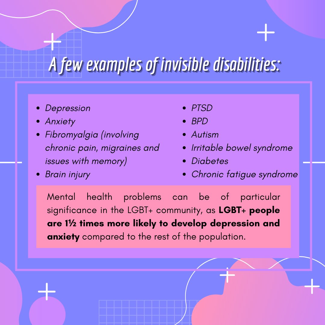 VISIBLE VS INVISIBLE DISABILITIES
This Sunday we look at how people with different disabilities face different challenges, similar to how the label of 'LGBT+' or 'person of colour' masks a wide variety and spectrum of experiences. (1/3)