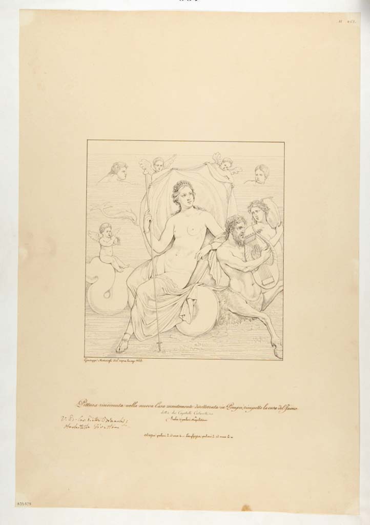 Our first stop is the southern wall of the oecus, in which Venus is depicted on a sea creature, next to cupids and other water divinities. Left, drawing by Giuseppe Marsigli in 1833. Right, conservation state in 2012.
