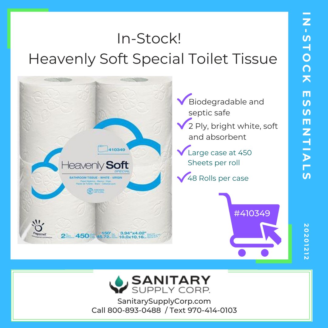sscinc's tweet photo. In-Stock Essentials - Heavenly Soft Toilet Tissue! Biodegradable and septic safe at unbeatable prices.  https://t.co/W8z14KKVBh Call 800-893-0488  / Text 970-414-0103 @sanitarysupplycorp https://t.co/CiqBpdBZqK