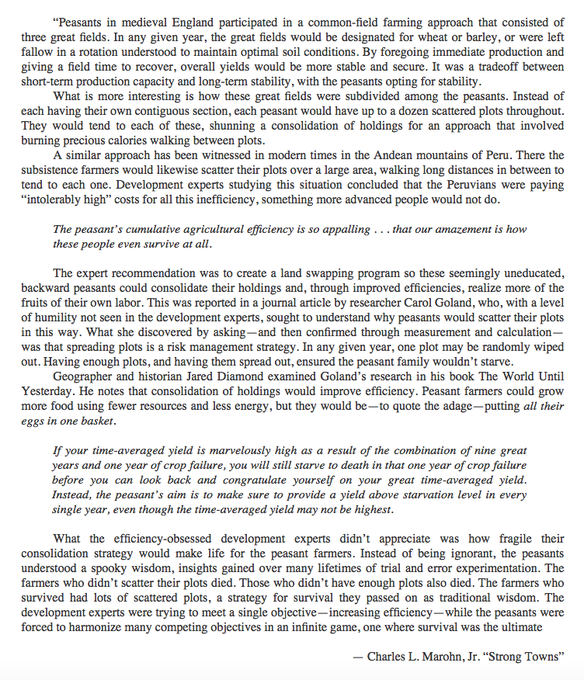 All over the world, when a system that has evolved for long periods of time is radically changed or altered, we find the same examples of disaster and collapse. Here's Charles Marohn discussing the subject in the book Strong Towns: