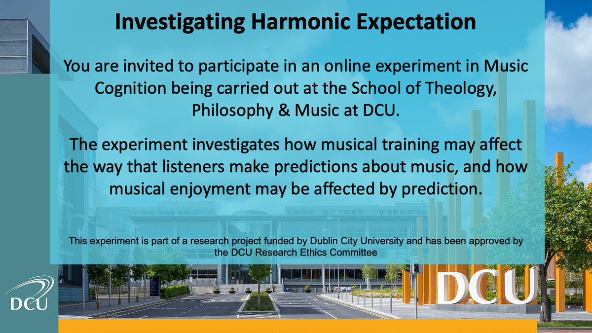Would you like to participate in a Music Cognition experiment? Researchers at DCU are investigating how musical prediction affects people's experiences of listening to music. 

Take the experiment here: bit.ly/33tgx75

*Desktop/laptop only. Unavailable on phone browsers