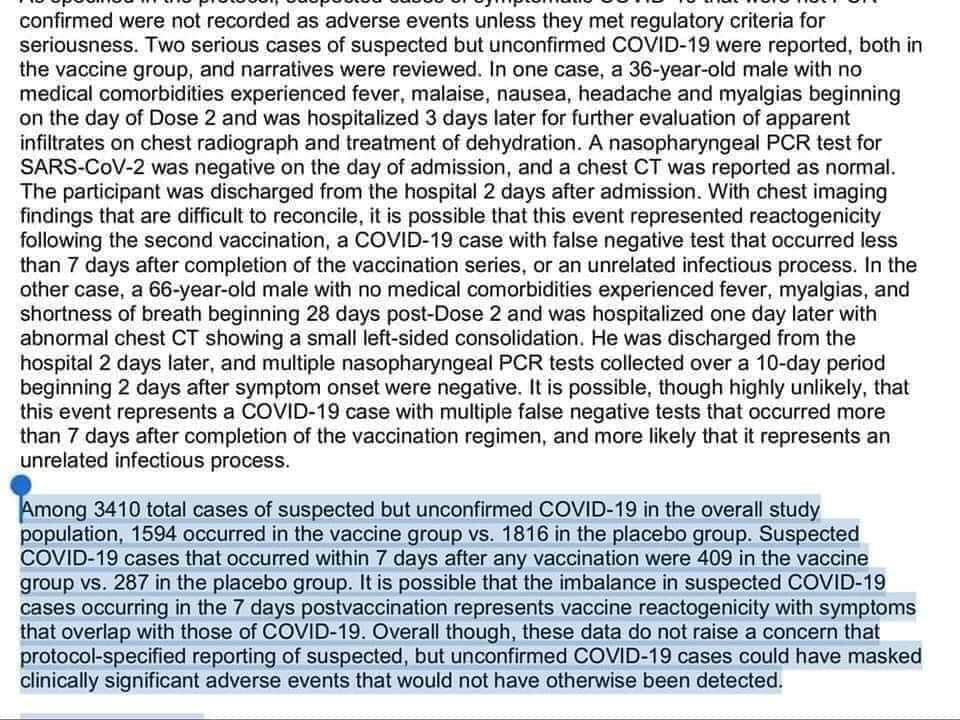 Cv-19 vaccine thread! It DOES NOT prevent CV infection or spread of the disease. Masks and social-distancing are still "required". Please note,Page 2 below that of the 3410 individuals who got CV during the study, almost half were from the vax'd group.