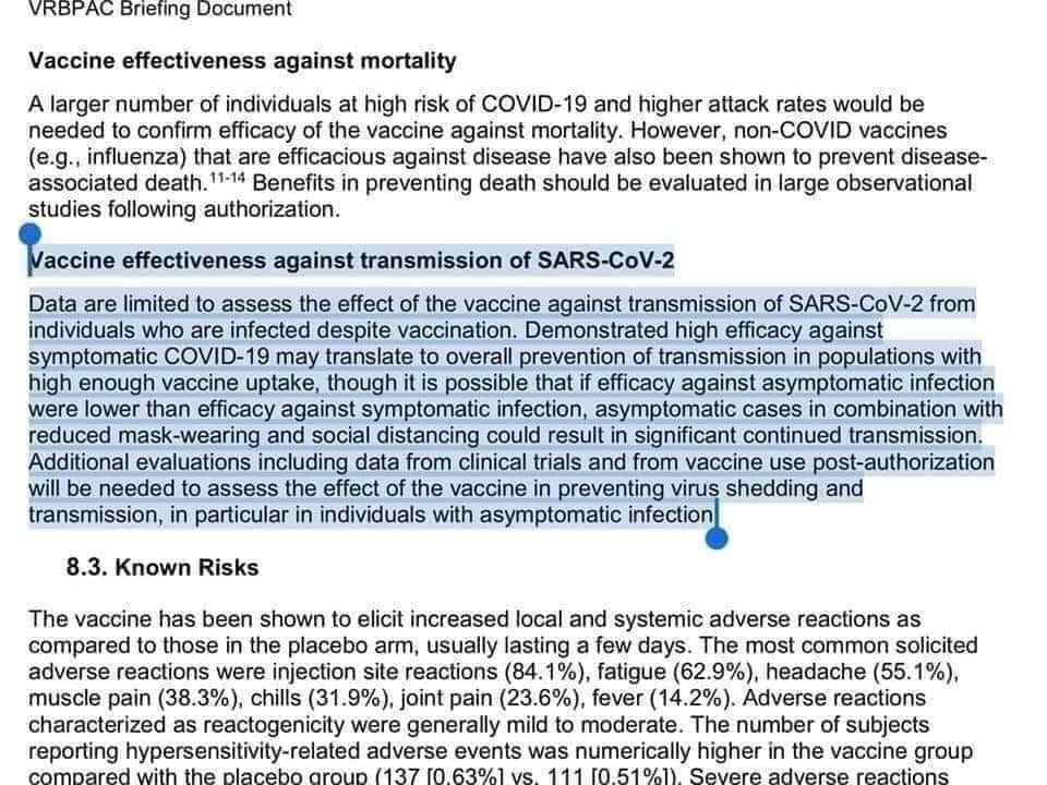 Cv-19 vaccine thread! It DOES NOT prevent CV infection or spread of the disease. Masks and social-distancing are still "required". Please note,Page 2 below that of the 3410 individuals who got CV during the study, almost half were from the vax'd group.