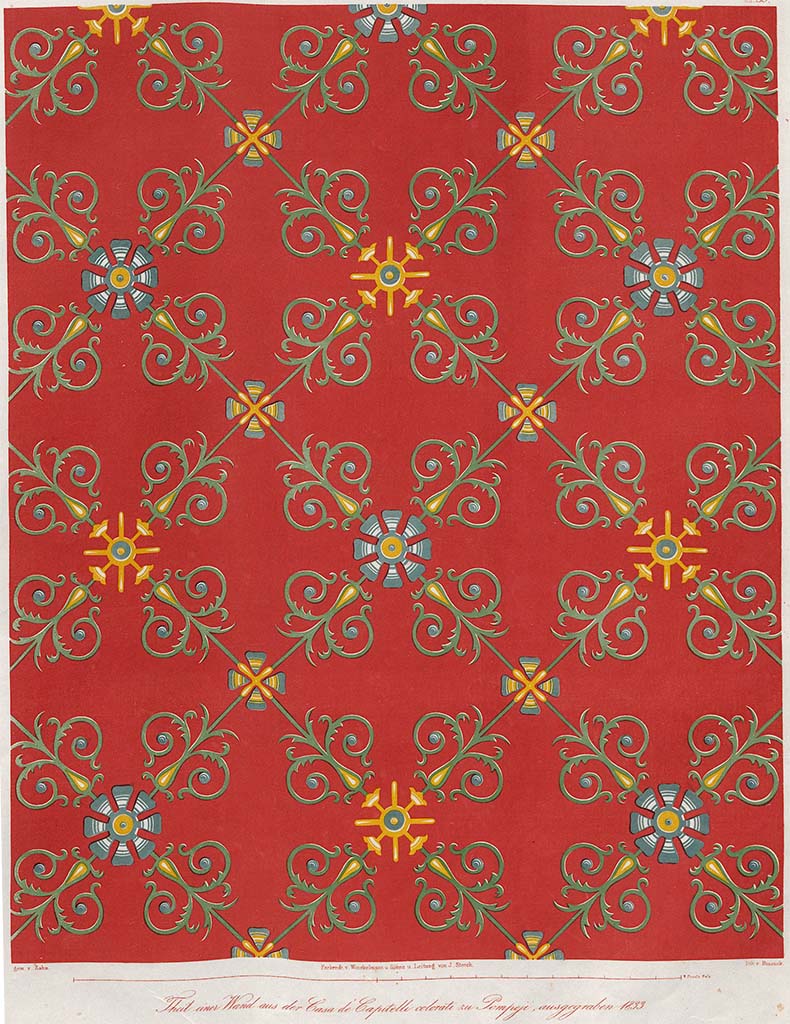 The same has happened in this other room, in which a panel represented Ariadne abandoned at Naxos. Not only the central panel has been lost, but also the decorative pattern ("wallpaper"), characteristic of the 4th Pompeian style.