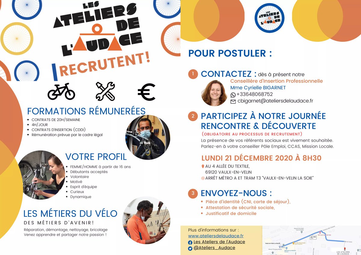 Ateliers_Audace's tweet photo. "Même un voyage de mille lieux commence par un premier pas."

Les Ateliers de l'Audace sont en route pour changer le monde et RECRUTENT 24 personnes en CDDI !

Embarquez avec nous et partagez !

#Recrutement #velo #insertion #LesAteliersDeLAudace #ChangeonsLeMonde https://t.co/PexfaLWMeq
