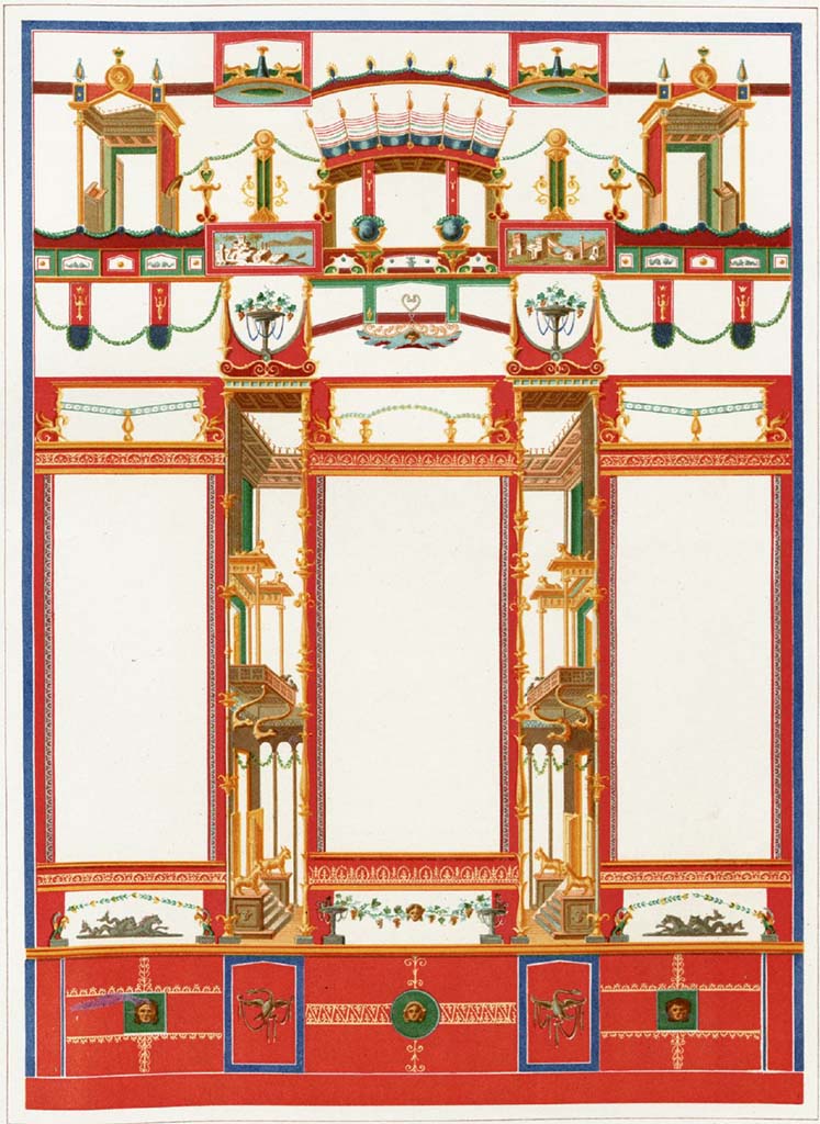 In the case of this exedra/tablinum, the paintings were exposed to the modern atmosphere since the excavation. Hence, the design that A. Magliano documented in 1890 is no longer visible.