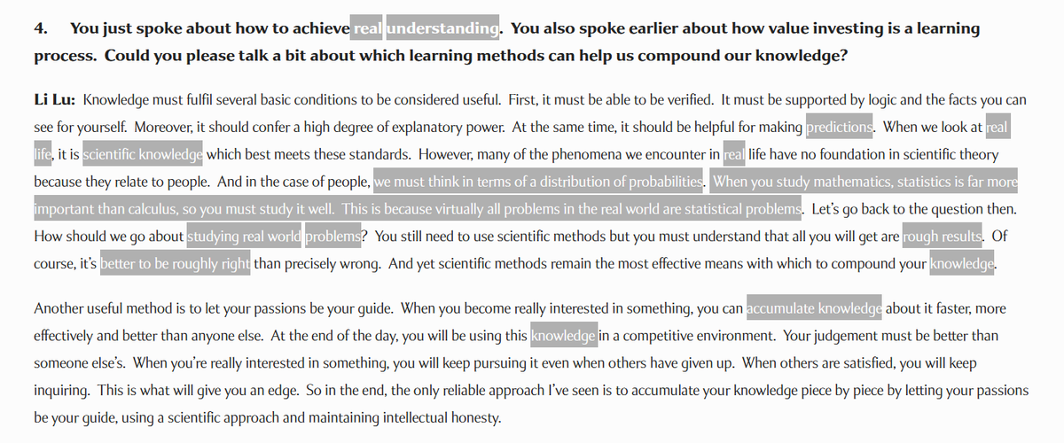 Just look at how Li Lu sees the world (understanding, accumulating knowledge, being roughly right), and go contrast that with Peter Thiel's thinking, which is 10x more focused on actually changing the world through CREATION.