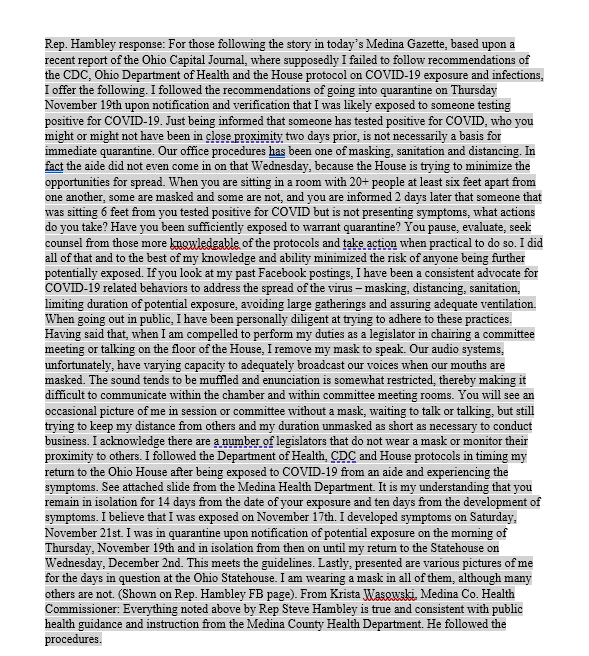 What's most significant to me, is there's no reference to Steve Hambley testing positive Nov. 28 (which he told me in an interview). Not a lick. He also told me he spent 90 minutes with his aide who tested positive. But now all of a sudden, it's a "might or might not have" deal