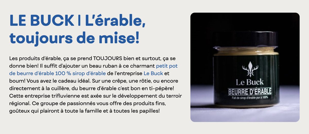 Merci à Aliments du Québec 😍 Notre beurre d'érable est tout en haut de cette magnifique liste d'idées cadeaux faits au Québec.

👉 alimentsduquebec.com/fr/blogue/acha…

🍁 lebuck.ca/epicerie-bouti…