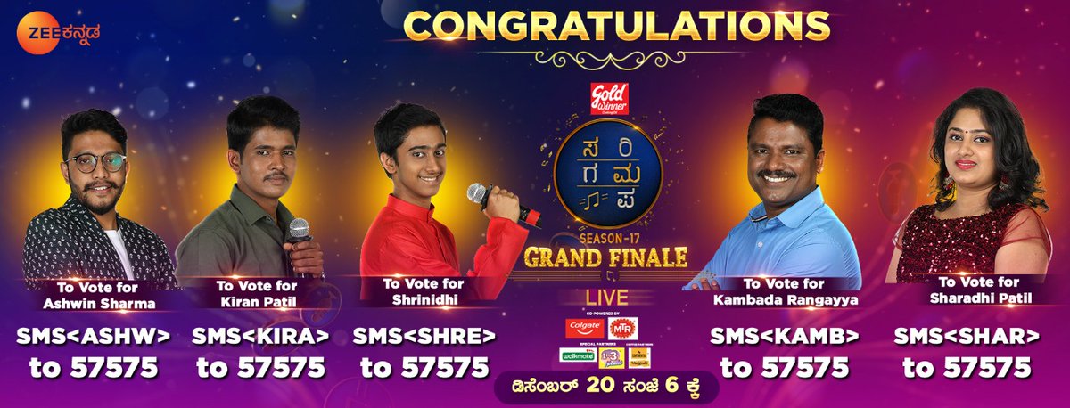 ZeeKannada's tweet image. #VotingAlert
ಸರಿಗಮಪ-17 ಸಂಗೀತ ಸಮರದ ಫೈನಲ್ ತಲುಪಿರುವ Contestantsಗಳಿಗೆ ಅಭಿನಂದನೆಗಳನ್ನು ಹೇಳಿ ನಿಮ್ಮ ನೆಚ್ಚಿನ ಸ್ಪರ್ಧಿಗಳ ಗೆಲುವಿಗಾಗಿ 57575ಗೆ ವೋಟ್ ಮಾಡಿ!
ಸರಿಗಮಪ-17 Grand Finale, ಡಿಸೆಂಬರ್ 20 ಸಂಜೆ 6ಕ್ಕೆ.
#ZeeKannada #BayasidaBaagiluTegeyona #SRGMP #Season17 #Congratulations #Finalists