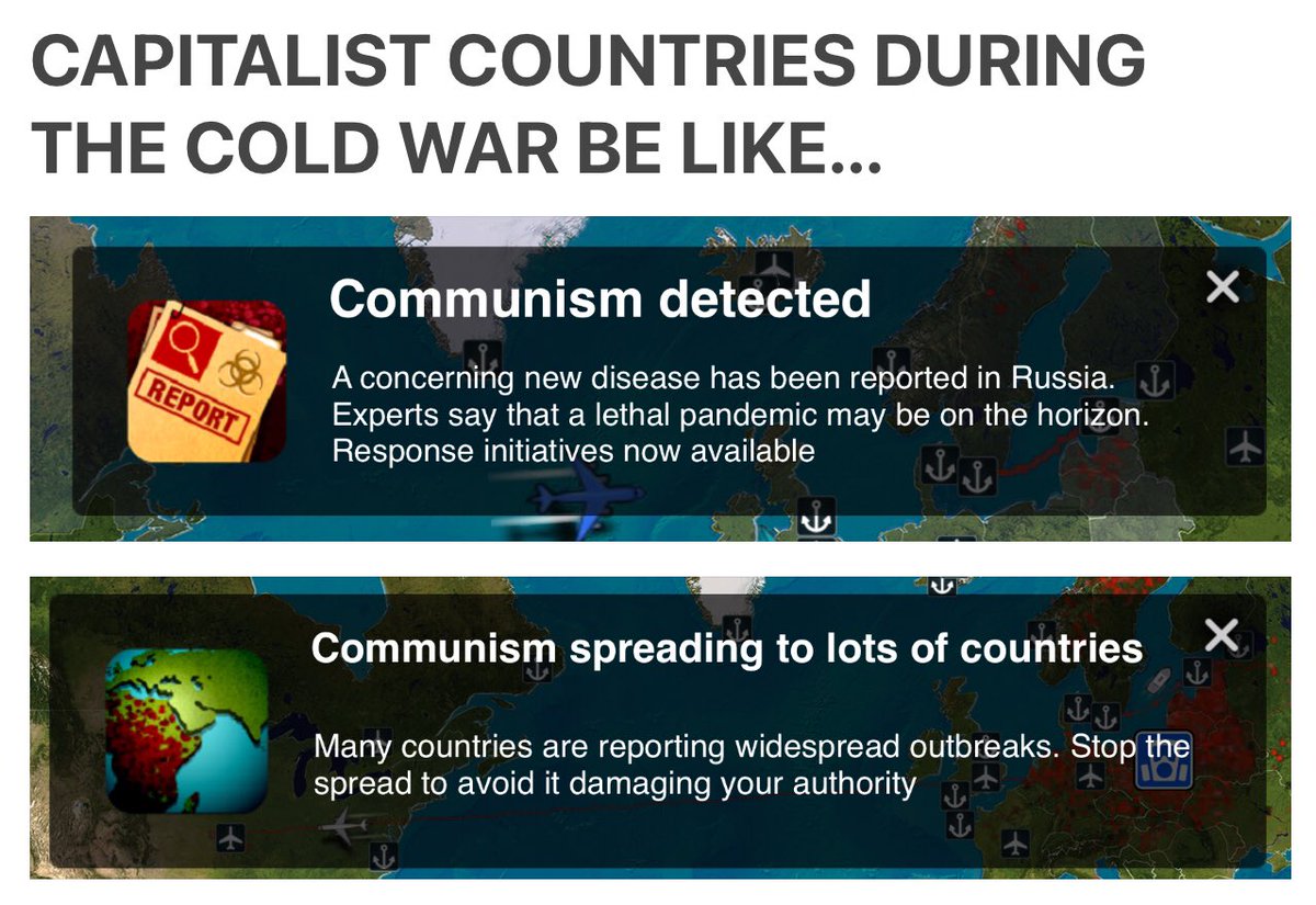 MemerMoth's tweet photo. I noticed @NdemicCreations added a new game mode called “Cure Mode” where you fight the disease rather then controlling it. I decided to name the disease “Communism” and I got a good meme out of it. https://t.co/02zJaLe3DG