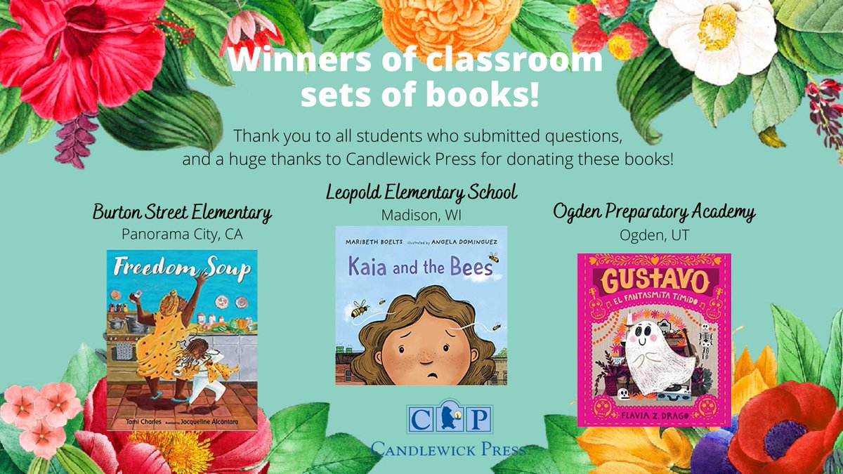 LatinxKidLitBF's tweet photo. Winners!! Congrats to these schools who will be receiving classroom sets of books! Thanks to @Candlewick for donating, and a big thank you to ALL kids who submitted questions for our authors and illustrators. #LKBF2020 @_jacqueline_ill @Diafla @andominguez https://t.co/PKIIVsFXav