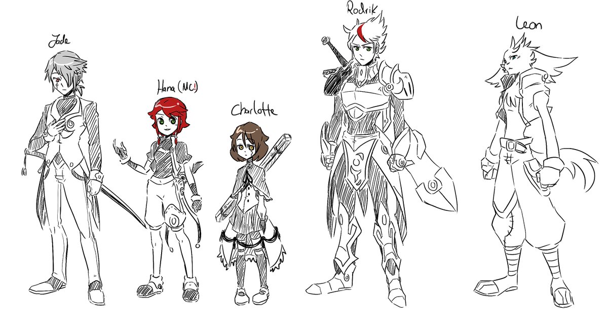 Here's something somewhat-random. Sketchy Characterdesigns for yet another Manga-project that's never gonna see the light of day because I suck. Current title : Carnival of Dolls. This is the main party, with the red-haired girl being the Protagonist.