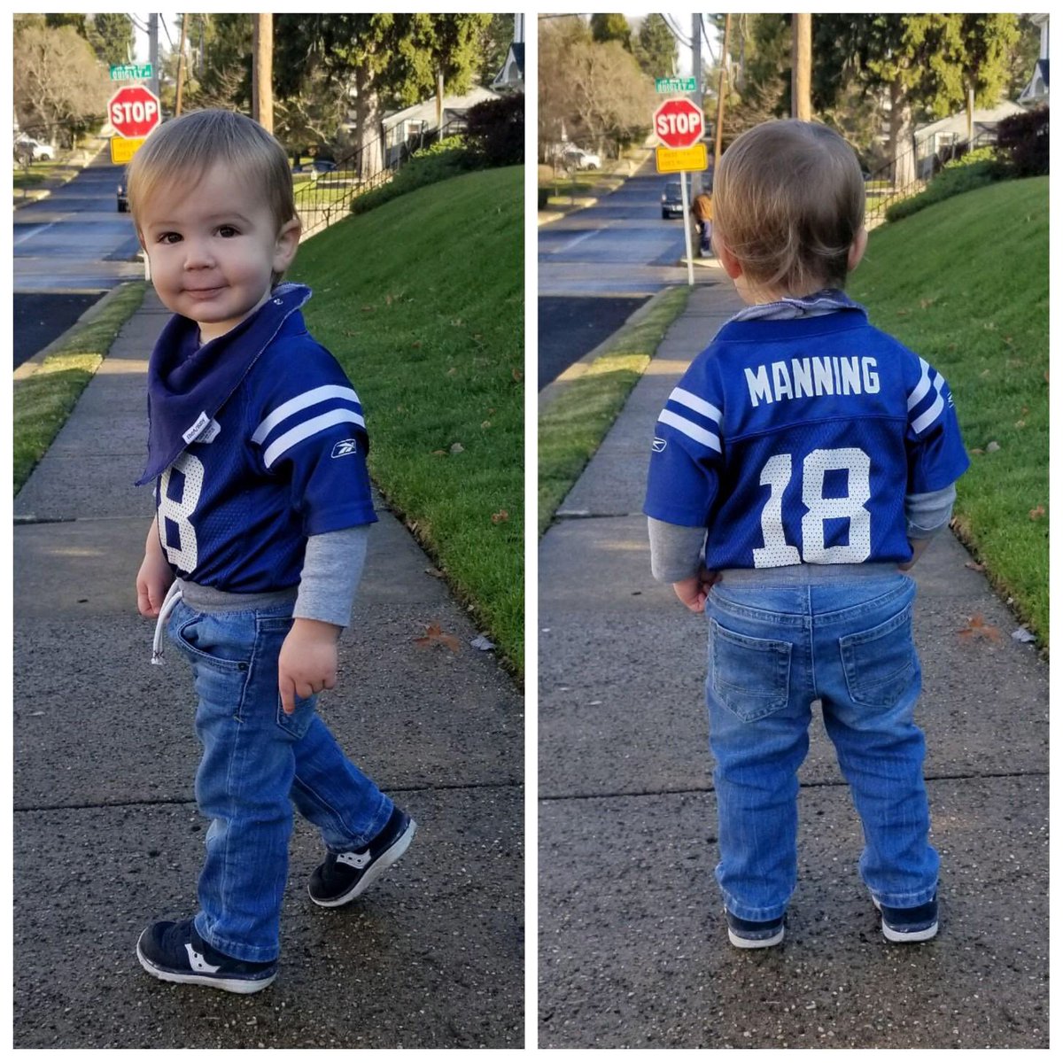 EmmaBean_16's tweet photo. My nephew Brooks Manning Hanley representing his daddy’s favorite player and namesake. That walking into Sunday football feeling 💙@PeytonnManning @NFL @Colts #SundayFootball #NFL https://t.co/GufSTblAUK