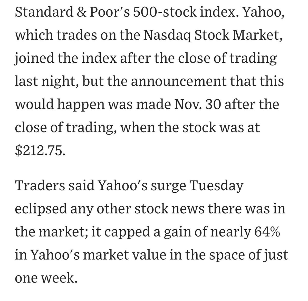 2/ Yahoo soared 63% betw 11/30/99 announcement and 12/8/99 inclusion, including stunning 24% on 12/7, the last day before inclusion. +63% would put  $TSLA at $665. YHOO kept increasing after inclusion and only collapsed with other tech stocks in 2000 as the internet bubble burst.