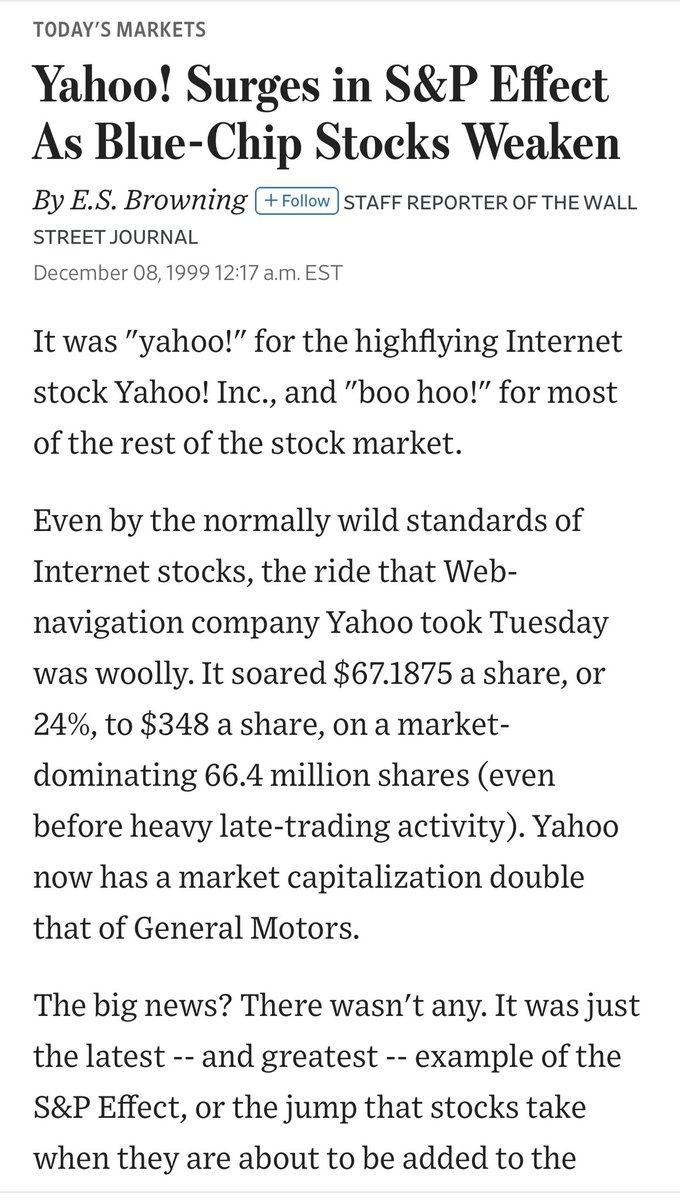 2/ Yahoo soared 63% betw 11/30/99 announcement and 12/8/99 inclusion, including stunning 24% on 12/7, the last day before inclusion. +63% would put  $TSLA at $665. YHOO kept increasing after inclusion and only collapsed with other tech stocks in 2000 as the internet bubble burst.