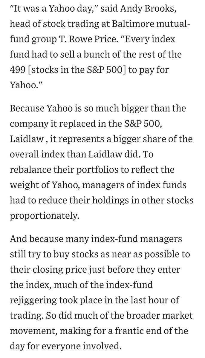 2/ Yahoo soared 63% betw 11/30/99 announcement and 12/8/99 inclusion, including stunning 24% on 12/7, the last day before inclusion. +63% would put  $TSLA at $665. YHOO kept increasing after inclusion and only collapsed with other tech stocks in 2000 as the internet bubble burst.