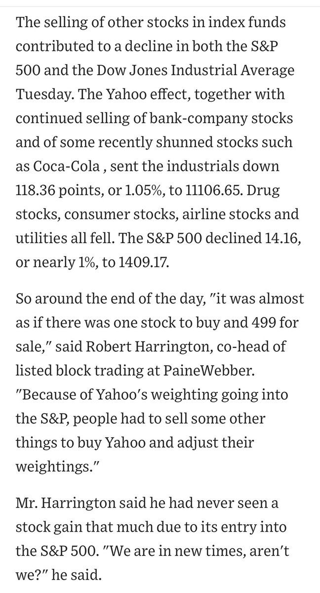 2/ Yahoo soared 63% betw 11/30/99 announcement and 12/8/99 inclusion, including stunning 24% on 12/7, the last day before inclusion. +63% would put  $TSLA at $665. YHOO kept increasing after inclusion and only collapsed with other tech stocks in 2000 as the internet bubble burst.