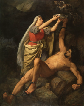 giftinfoSE's tweet photo. Lokes punishment for the murder? Being tied down to a cliff with a serpent hanging above him, dripping its venom onto his face. 
Sigyn, Lokes wife, stood by him. She protected him by collecting the venom in a basin before it hurt Loke. https://t.co/k6dAyEu3aK https://t.co/xCFuyMTdGm