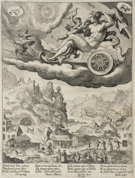 Marten de Vos's art of Venus & Jupiter. Above Venus, one can see symbols of Taurus & Libra zodiacs, under her are agriculture & civilization. Above Jupiter, are signs of Sagittarius & Pisces, under him are seven liberal arts & symbols of religion/higher knowledge.