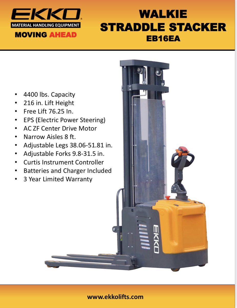 EKKOlifts's tweet photo. #EB16EA Series Full Electric Straddle Stacker. 4400lb, 216"Lift, Triple Mast, Free Lift, EPS, Curtis Controller, ZF Drive Motor. 877-232-6517 info@ekkolifts.com https://t.co/PlDF3kHlh4 #powerstacker #lifttrucks #lifttruck #EKKOLIFTS #forklifts #ElectricStraddleStacker #forklift https://t.co/jIdwIuZJpJ