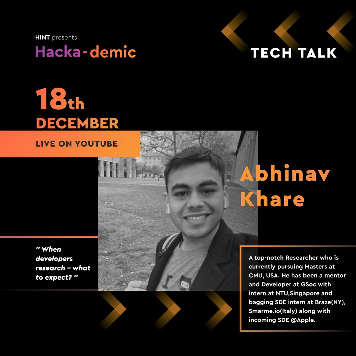 hintIIITA's tweet photo. As Hacka-demic is getting closer, it's time to announce our Keynote Speakers who are going to give some amazing tech talks and answer your doubts during informative Q&amp;A sessions. 
We're thrilled to announce our very first Keynote Speaker, Mr. Abhinav Khare. (1/7) https://t.co/0Xt1WZt1GE