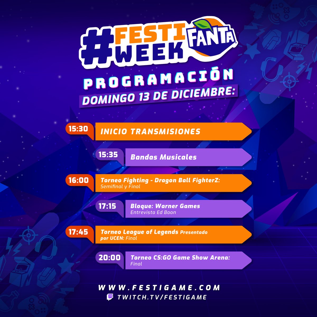 festigame's tweet photo. ¡Hoy tenemos un gran día! Se viene genial todo lo que tendremos en #Festiweek 
Junto a grandes finales de esports y paneles de conversación

Nos vemos en https://t.co/ZwBqi2D956 https://t.co/aMwhhj27jg